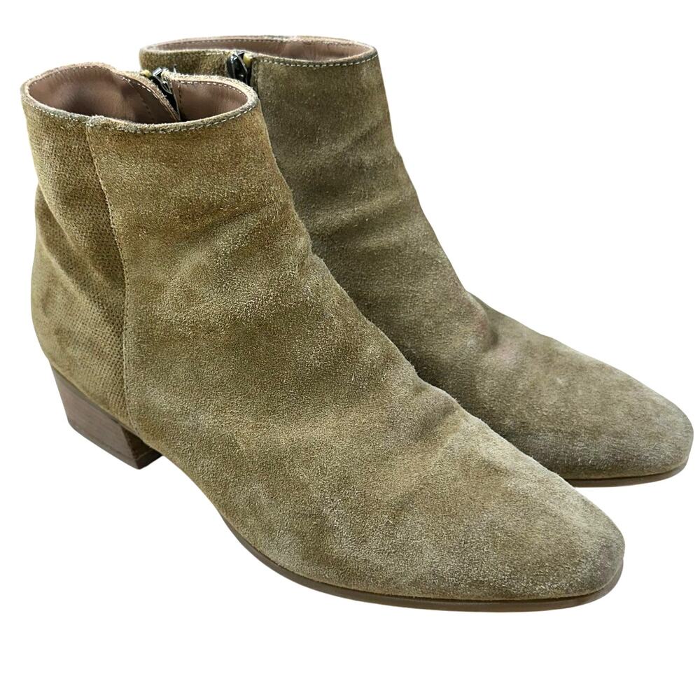 Aquatalia Fuoco Side Zip Suede Bootie Block Heel Tan Size 8.5 GUC *Light Mark*